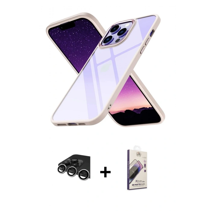 MARSİLYAN™- iPhone 14 Pro Max Kılıf Nova Işık Serisi - Siyah Bilvis 3D Mat Cam Ekran Koruyucu + Raze Metal Kamera Lens - GS