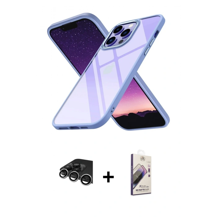 MARSİLYAN™- iPhone 14 Pro Max Kılıf Nova Işık Serisi - Siyah Bilvis 3D Mat Cam Ekran Koruyucu + Raze Metal Kamera Lens - GS