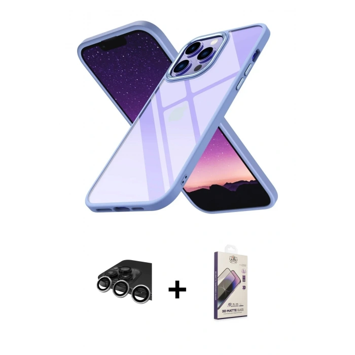 MARSİLYAN™- iPhone 14 Pro Max Kılıf Nova Işık Serisi - Siyah Bilvis 3D Mat Cam Ekran Koruyucu + Raze Metal Kamera Lens - GS