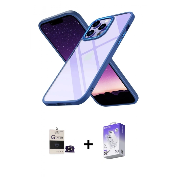 MARSİLYAN™- iPhone 14 Pro Max Kılıf Nova Işık Serisi - Siyah Bilvis 5in1 3D Magic Cam Ekran Koruyucu + Bilvis Titan Kamera Lens - SH