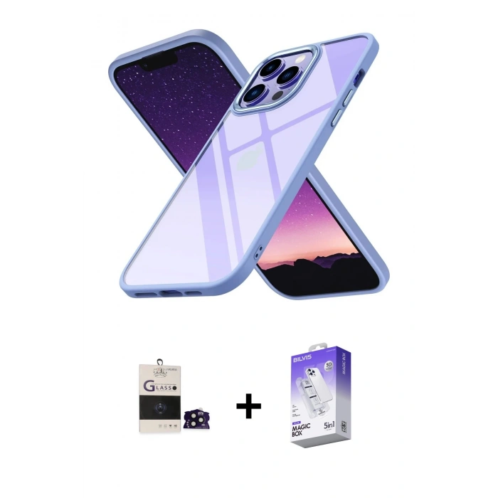 MARSİLYAN™- iPhone 14 Pro Max Kılıf Nova Işık Serisi - Siyah Bilvis 5in1 3D Magic Cam Ekran Koruyucu + Bilvis Titan Kamera Lens - SH