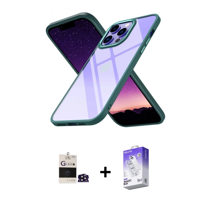 MARSİLYAN™- iPhone 14 Pro Max Kılıf Nova Işık Serisi - Siyah Bilvis 5in1 3D Magic Cam Ekran Koruyucu + Bilvis Titan Kamera Lens - DNMR