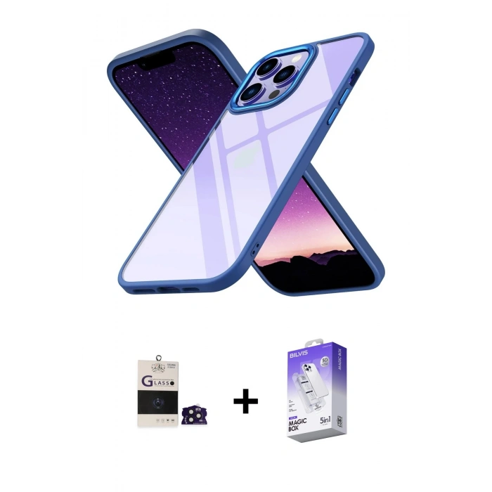 MARSİLYAN™- iPhone 14 Pro Max Kılıf Nova Işık Serisi - Siyah Bilvis 5in1 3D Magic Cam Ekran Koruyucu + Bilvis Titan Kamera Lens - DNMR