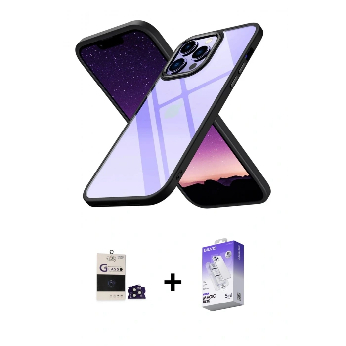 MARSİLYAN™- iPhone 14 Pro Max Kılıf Nova Işık Serisi - Siyah Bilvis 5in1 3D Magic Cam Ekran Koruyucu + Bilvis Titan Kamera Lens - DNMR
