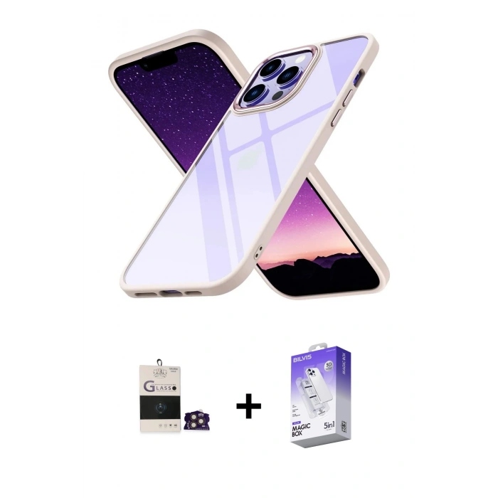 MARSİLYAN™- iPhone 14 Pro Max Kılıf Nova Işık Serisi - Siyah Bilvis 5in1 3D Magic Cam Ekran Koruyucu + Bilvis Titan Kamera Lens - GD