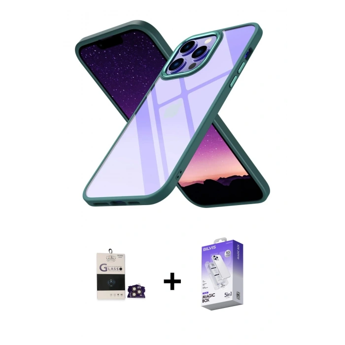 MARSİLYAN™- iPhone 14 Pro Max Kılıf Nova Işık Serisi - Siyah Bilvis 5in1 3D Magic Cam Ekran Koruyucu + Bilvis Titan Kamera Lens - GD