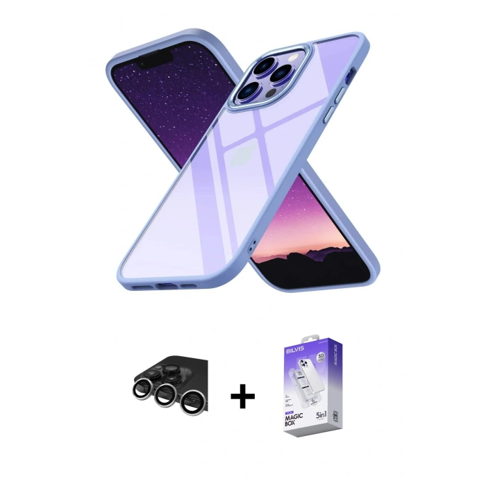 MARSİLYAN™- iPhone 14 Pro Max Kılıf Nova Işık Serisi - Siyah Bilvis 5in1 3D Magic Cam Ekran Koruyucu + Raze Metal Kamera Lens - GS