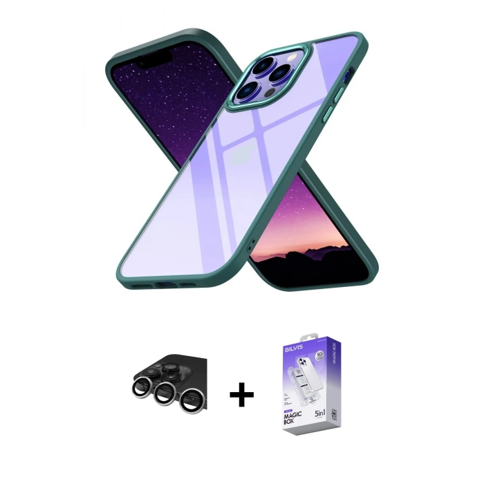 MARSİLYAN™- iPhone 14 Pro Max Kılıf Nova Işık Serisi - Siyah Bilvis 5in1 3D Magic Cam Ekran Koruyucu + Raze Metal Kamera Lens - GS