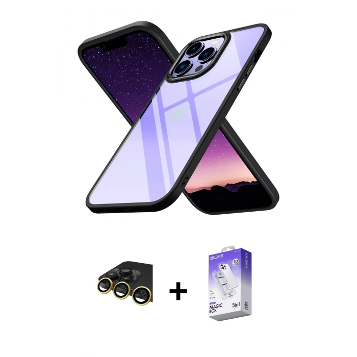MARSİLYAN™- iPhone 14 Pro Max Kılıf Nova Işık Serisi - Siyah Bilvis 5in1 3D Magic Cam Ekran Koruyucu + Raze Metal Kamera Lens - GD