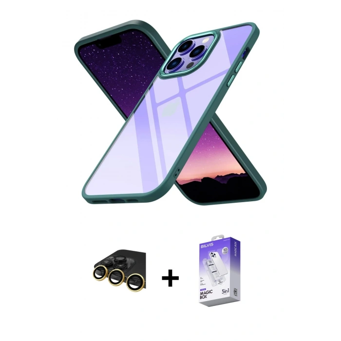 MARSİLYAN™- iPhone 14 Pro Max Kılıf Nova Işık Serisi - Siyah Bilvis 5in1 3D Magic Cam Ekran Koruyucu + Raze Metal Kamera Lens - GD