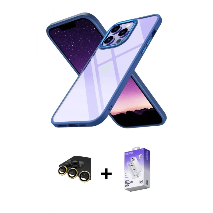 MARSİLYAN™- iPhone 14 Pro Max Kılıf Nova Işık Serisi - Siyah Bilvis 5in1 3D Magic Cam Ekran Koruyucu + Raze Metal Kamera Lens - GD
