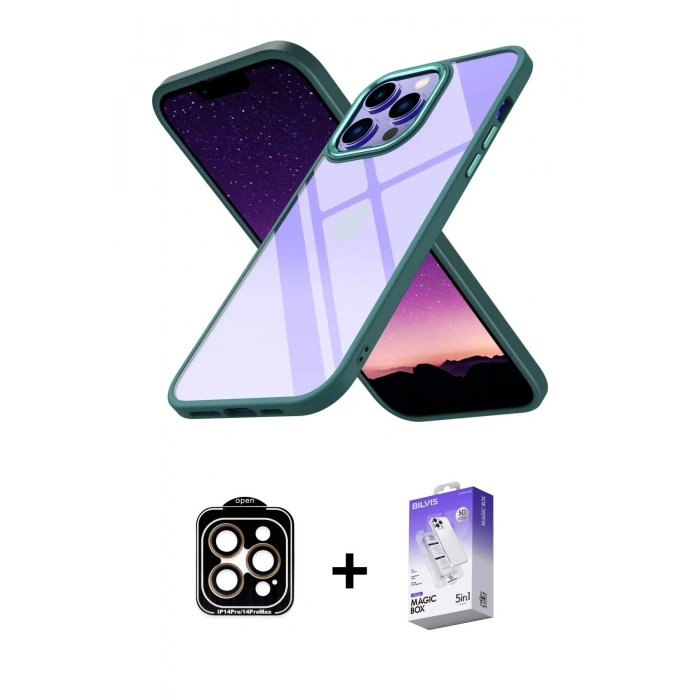 MARSİLYAN™- iPhone 14 Pro Max Kılıf Nova Işık Serisi - Siyah Bilvis 5in1 3D Magic Cam Ekran Koruyucu + PVD Metal Kamera Lens - TU