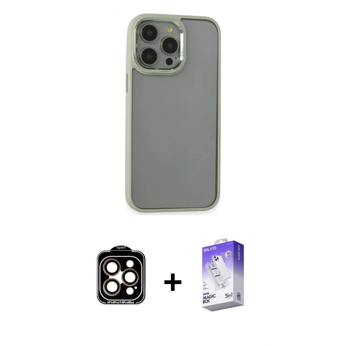 MARSİLYAN™- iPhone 14 Pro Max Kılıf Nova Işık Serisi - Siyah Bilvis 5in1 3D Magic Cam Ekran Koruyucu + PVD Metal Kamera Lens - TU