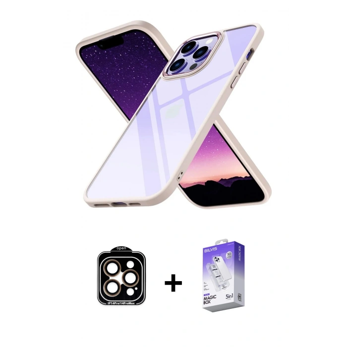 MARSİLYAN™- iPhone 14 Pro Max Kılıf Nova Işık Serisi - Siyah Bilvis 5in1 3D Magic Cam Ekran Koruyucu + PVD Metal Kamera Lens - TU