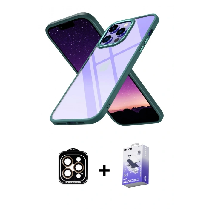 MARSİLYAN™- iPhone 14 Pro Max Kılıf Nova Işık Serisi - Siyah Bilvis 5in1 5D Magic Hayalet Cam Ekran Koruyucu + PVD Metal Kamera Lens - TU