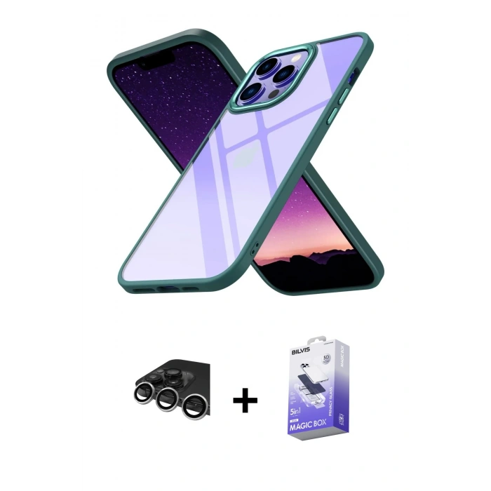 MARSİLYAN™- iPhone 14 Pro Max Kılıf Nova Işık Serisi - Siyah Bilvis 5in1 5D Magic Hayalet Cam Ekran Koruyucu + Raze Metal Kamera Lens - GS