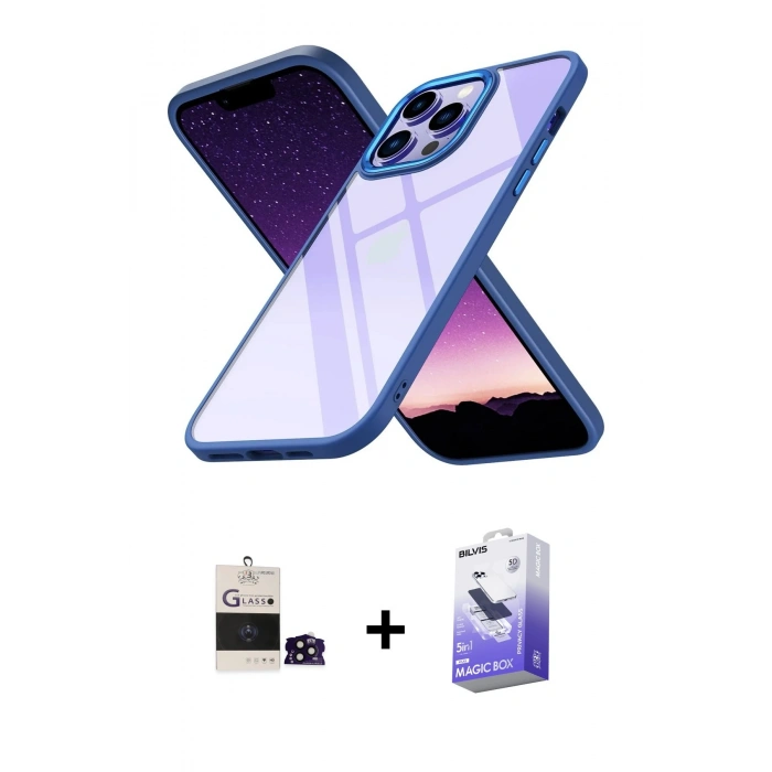 MARSİLYAN™- iPhone 14 Pro Max Kılıf Nova Işık Serisi - Siyah Bilvis 5in1 5D Magic Hayalet Cam Ekran Koruyucu + Bilvis Titan Kamera Lens - SH