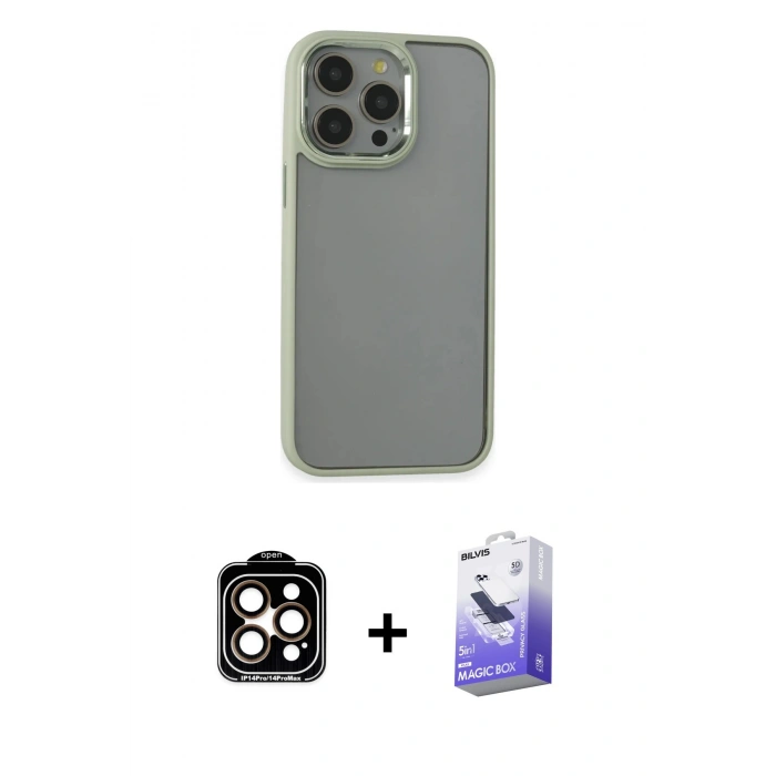 MARSİLYAN™- iPhone 14 Pro Max Kılıf Nova Işık Serisi - Siyah Bilvis 5in1 5D Magic Hayalet Cam Ekran Koruyucu + PVD Metal Kamera Lens - TU