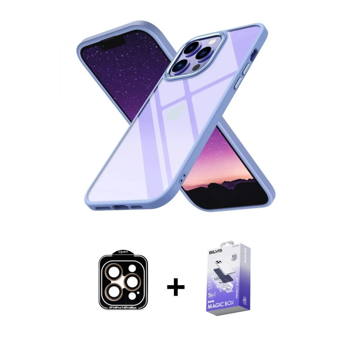 MARSİLYAN™- iPhone 14 Pro Max Kılıf Nova Işık Serisi - Siyah Bilvis 5in1 5D Magic Hayalet Cam Ekran Koruyucu + PVD Metal Kamera Lens - TU