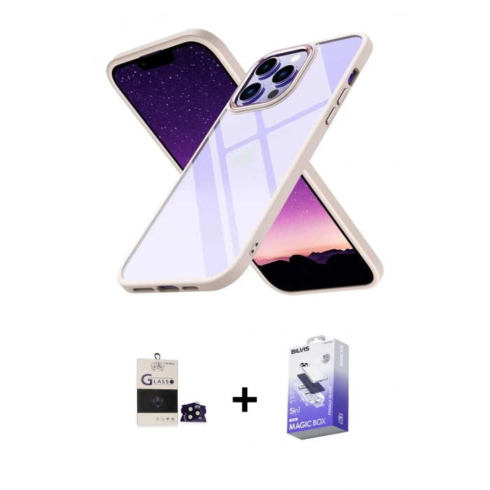 MARSİLYAN™- iPhone 14 Pro Max Kılıf Nova Işık Serisi - Siyah Bilvis 5in1 5D Magic Hayalet Cam Ekran Koruyucu + Bilvis Titan Kamera Lens - SH