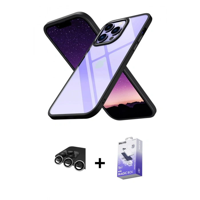 MARSİLYAN™- iPhone 14 Pro Max Kılıf Nova Işık Serisi - Siyah Bilvis 5in1 5D Magic Hayalet Cam Ekran Koruyucu + Raze Metal Kamera Lens - GS