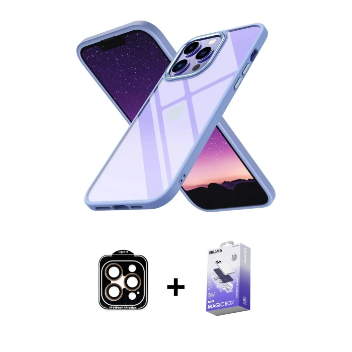 MARSİLYAN™- iPhone 14 Pro Max Kılıf Nova Işık Serisi - Siyah Bilvis 5in1 5D Magic Hayalet Cam Ekran Koruyucu + PVD Metal Kamera Lens - TU