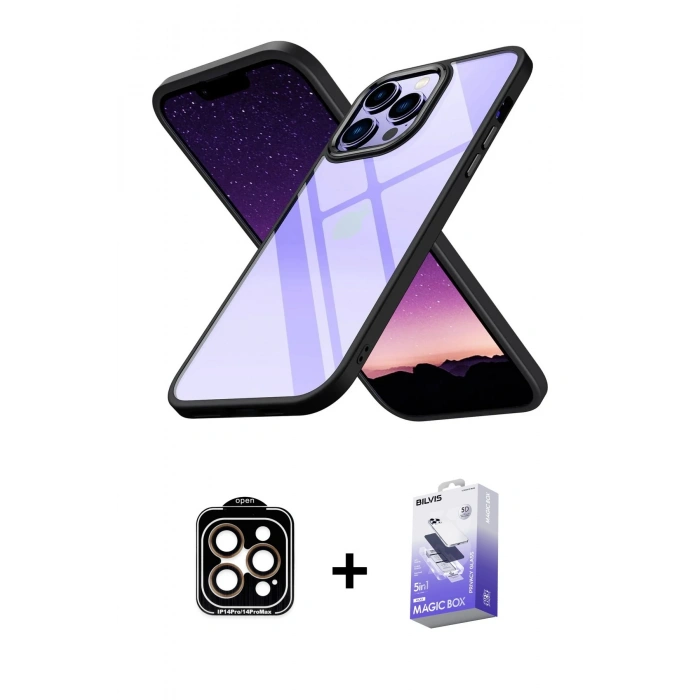 MARSİLYAN™- iPhone 14 Pro Max Kılıf Nova Işık Serisi - Siyah Bilvis 5in1 5D Magic Hayalet Cam Ekran Koruyucu + PVD Metal Kamera Lens - TU