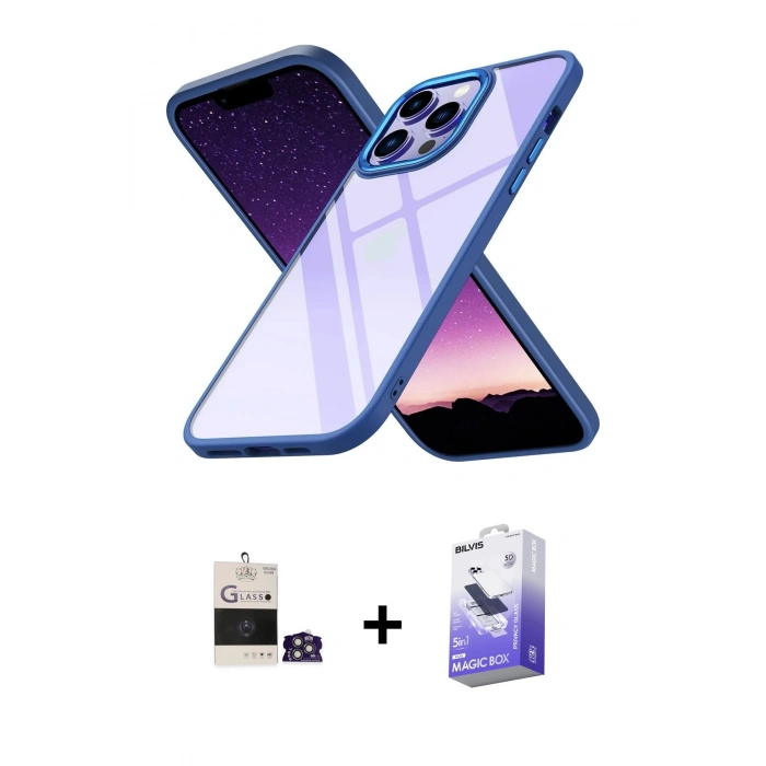 MARSİLYAN™- iPhone 14 Pro Max Kılıf Nova Işık Serisi - Siyah Bilvis 5in1 5D Magic Hayalet Cam Ekran Koruyucu + Bilvis Titan Kamera Lens - GS