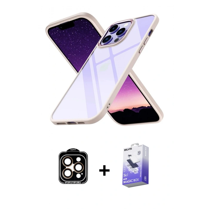 MARSİLYAN™- iPhone 14 Pro Max Kılıf Nova Işık Serisi - Siyah Bilvis 5in1 5D Magic Hayalet Cam Ekran Koruyucu + PVD Metal Kamera Lens - TU