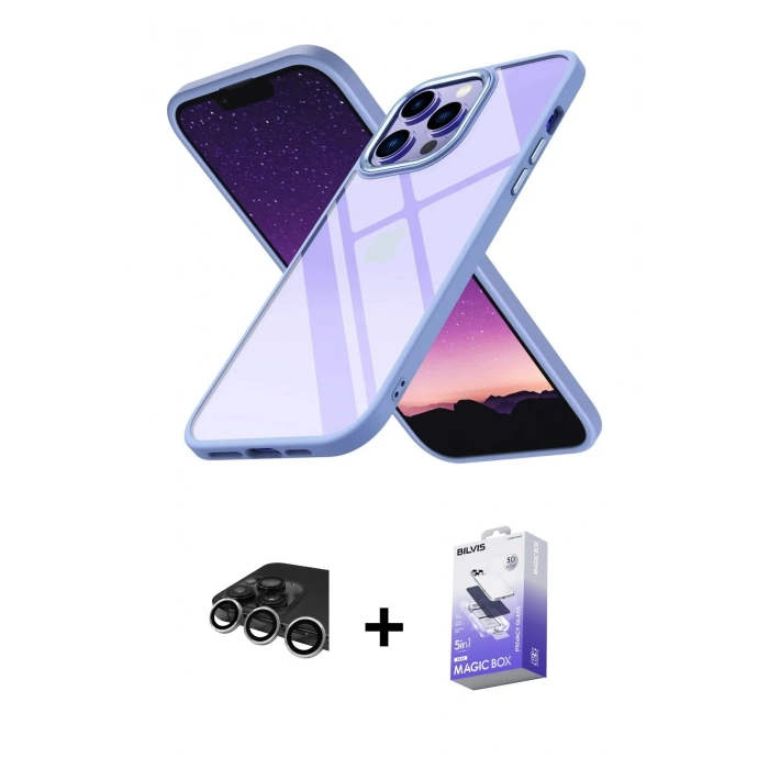 MARSİLYAN™- iPhone 14 Pro Max Kılıf Nova Işık Serisi - Siyah Bilvis 5in1 5D Magic Hayalet Cam Ekran Koruyucu + Raze Metal Kamera Lens - GS