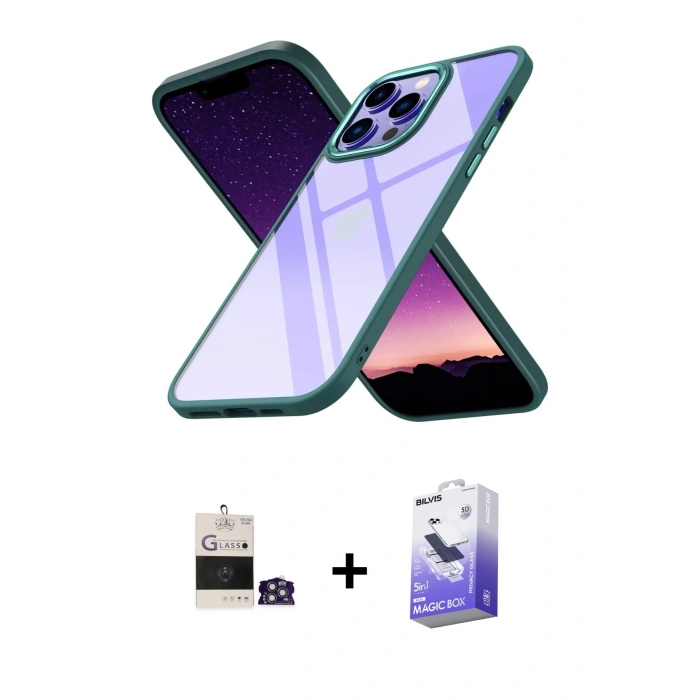 MARSİLYAN™- iPhone 14 Pro Max Kılıf Nova Işık Serisi - Siyah Bilvis 5in1 5D Magic Hayalet Cam Ekran Koruyucu + Bilvis Titan Kamera Lens - GS