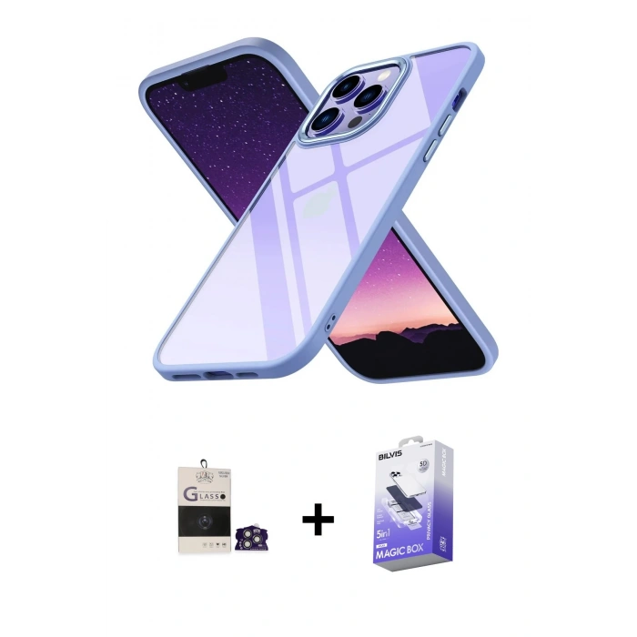 MARSİLYAN™- iPhone 14 Pro Max Kılıf Nova Işık Serisi - Siyah Bilvis 5in1 5D Magic Hayalet Cam Ekran Koruyucu + Bilvis Titan Kamera Lens - GS