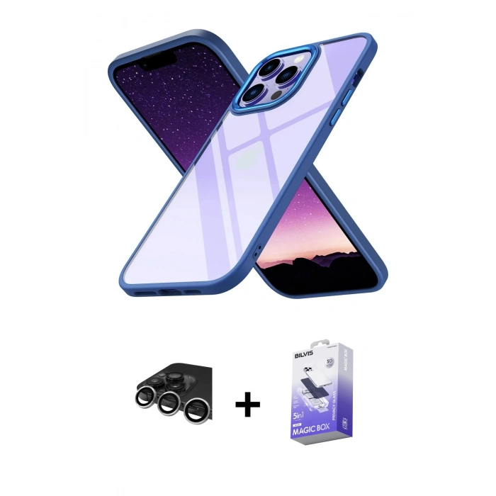 MARSİLYAN™- iPhone 14 Pro Max Kılıf Nova Işık Serisi - Siyah Bilvis 5in1 5D Magic Hayalet Cam Ekran Koruyucu + Raze Metal Kamera Lens - GS