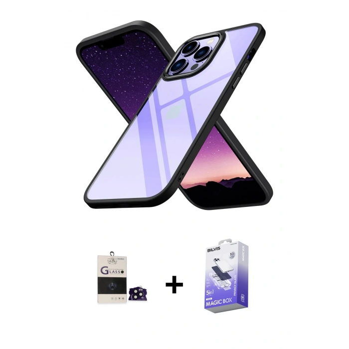 MARSİLYAN™- iPhone 14 Pro Max Kılıf Nova Işık Serisi - Siyah Bilvis 5in1 5D Magic Hayalet Cam Ekran Koruyucu + Bilvis Titan Kamera Lens - SH