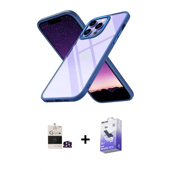 MARSİLYAN™- iPhone 14 Pro Max Kılıf Nova Işık Serisi - Siyah Bilvis 5in1 5D Magic Hayalet Cam Ekran Koruyucu + Bilvis Titan Kamera Lens - GD