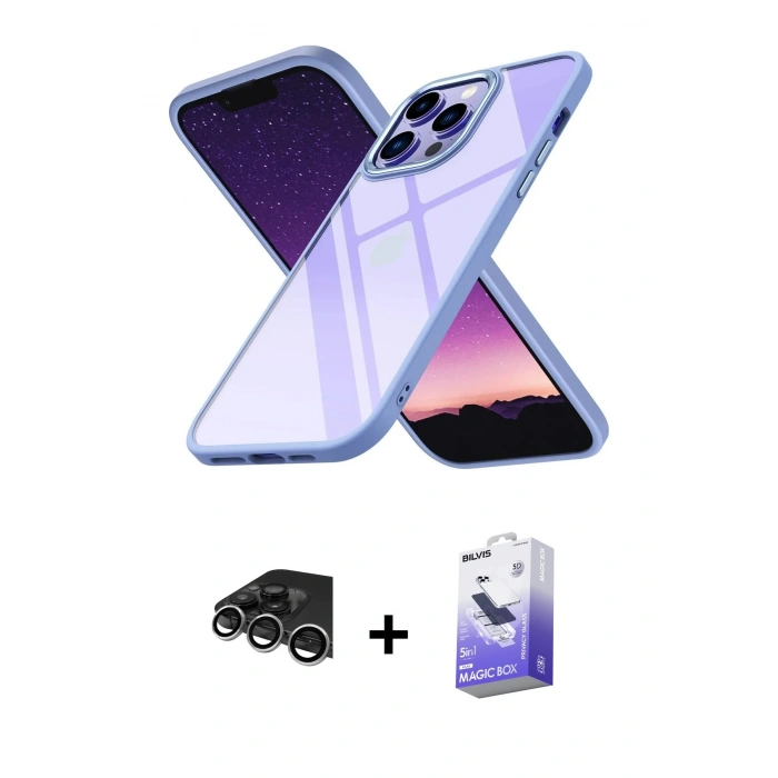 MARSİLYAN™- iPhone 14 Pro Max Kılıf Nova Işık Serisi - Siyah Bilvis 5in1 5D Magic Hayalet Cam Ekran Koruyucu + Raze Metal Kamera Lens - GS