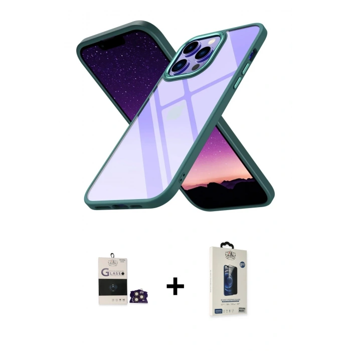 MARSİLYAN™- iPhone 14 Pro Max Kılıf Nova Işık Serisi - Siyah Bilvis Hayalet Cam Ekran Koruyucu + Bilvis Titan Kamera Lens - GD