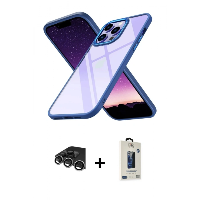 MARSİLYAN™- iPhone 14 Pro Max Kılıf Nova Işık Serisi - Siyah Bilvis Hayalet Cam Ekran Koruyucu + Raze Metal Kamera Lens - GS