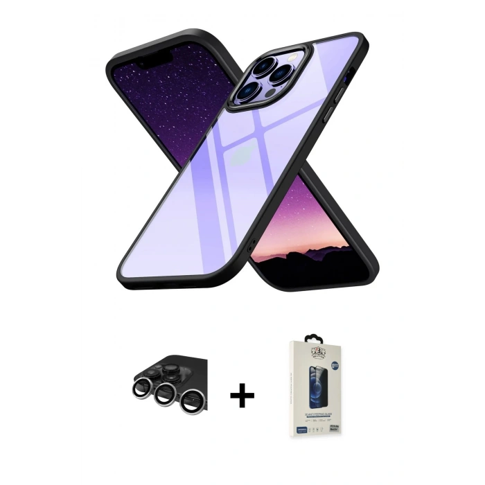 MARSİLYAN™- iPhone 14 Pro Max Kılıf Nova Işık Serisi - Siyah Bilvis Hayalet Cam Ekran Koruyucu + Raze Metal Kamera Lens - GS