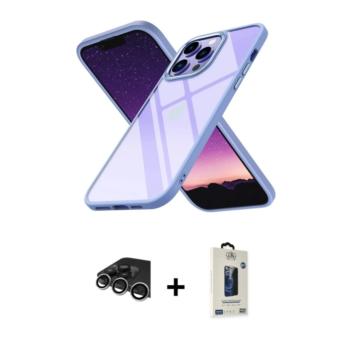 MARSİLYAN™- iPhone 14 Pro Max Kılıf Nova Işık Serisi - Siyah Bilvis Hayalet Cam Ekran Koruyucu + Raze Metal Kamera Lens - GS