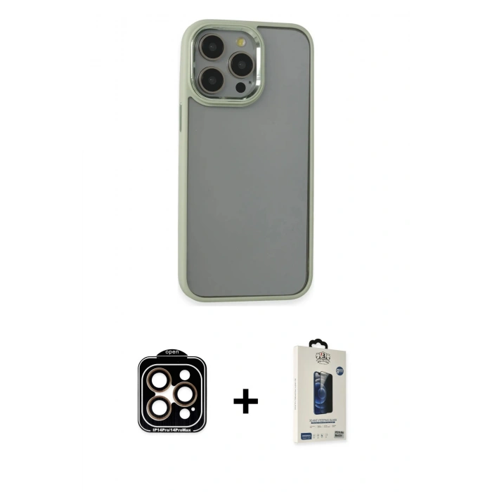 MARSİLYAN™- iPhone 14 Pro Max Kılıf Nova Işık Serisi - Siyah Bilvis Hayalet Cam Ekran Koruyucu + Turuncu PVD Metal Kamera Lens