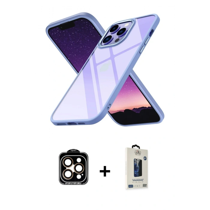 MARSİLYAN™- iPhone 14 Pro Max Kılıf Nova Işık Serisi - Siyah Bilvis Hayalet Cam Ekran Koruyucu + Turuncu PVD Metal Kamera Lens