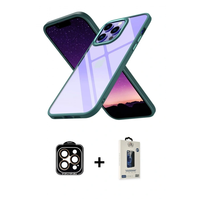 MARSİLYAN™- iPhone 14 Pro Max Kılıf Nova Işık Serisi - Siyah Bilvis Hayalet Cam Ekran Koruyucu + Turuncu PVD Metal Kamera Lens