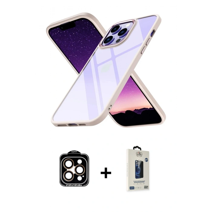 MARSİLYAN™- iPhone 14 Pro Max Kılıf Nova Işık Serisi - Siyah Bilvis Hayalet Cam Ekran Koruyucu + Turuncu PVD Metal Kamera Lens