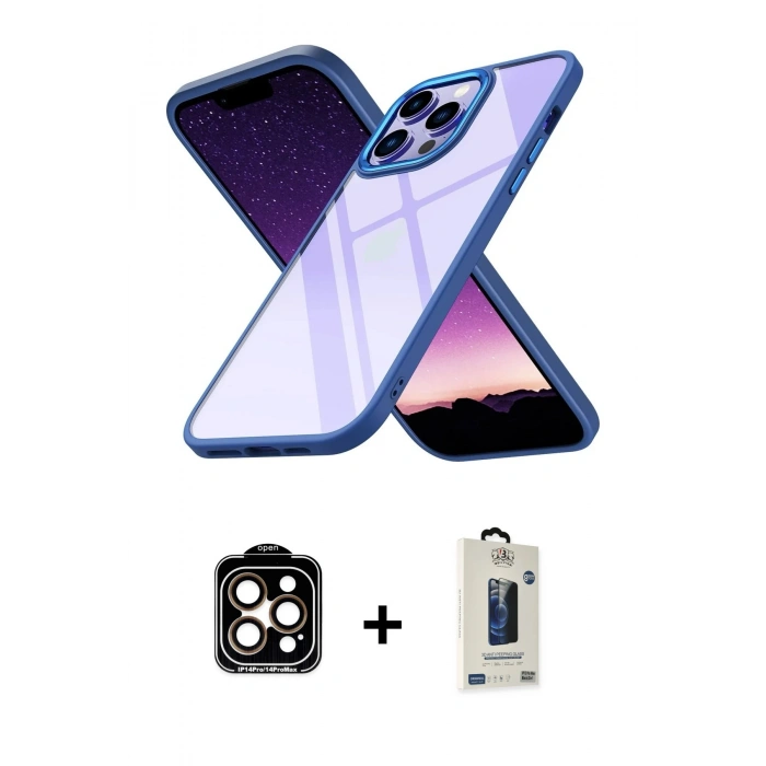 MARSİLYAN™- iPhone 14 Pro Max Kılıf Nova Işık Serisi - Siyah Bilvis Hayalet Cam Ekran Koruyucu + Turuncu PVD Metal Kamera Lens