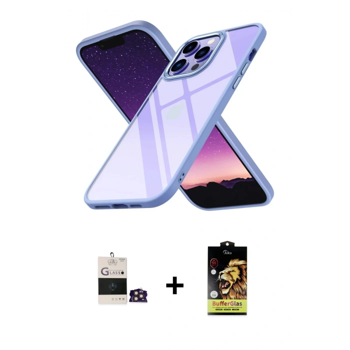MARSİLYAN™- iPhone 14 Pro Max Kılıf Nova Işık Serisi - Siyah Buffer Cam Ekran Koruyucu + Bilvis Titan Kamera Lens - GD