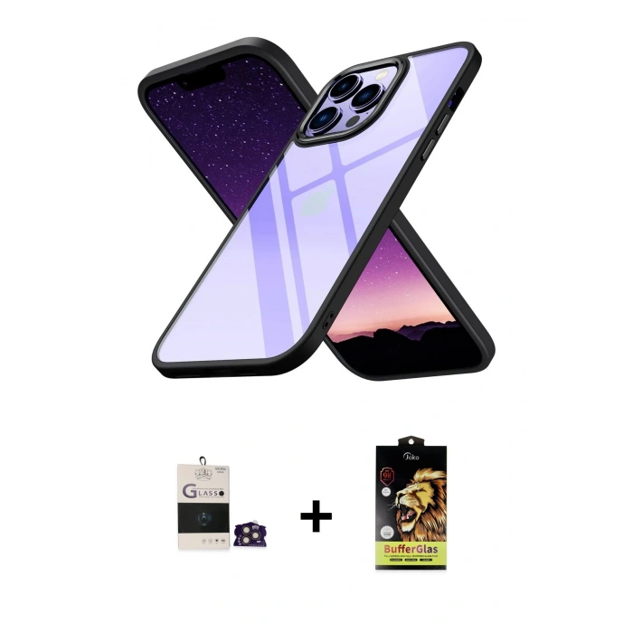 MARSİLYAN™- iPhone 14 Pro Max Kılıf Nova Işık Serisi - Siyah Buffer Cam Ekran Koruyucu + Bilvis Titan Kamera Lens - GD