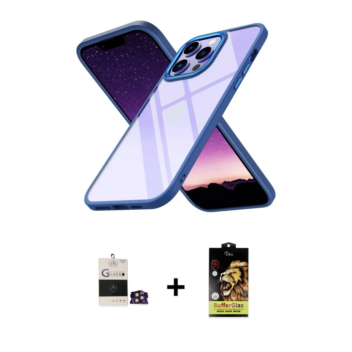 MARSİLYAN™- iPhone 14 Pro Max Kılıf Nova Işık Serisi - Siyah Buffer Cam Ekran Koruyucu + Bilvis Titan Kamera Lens - GD