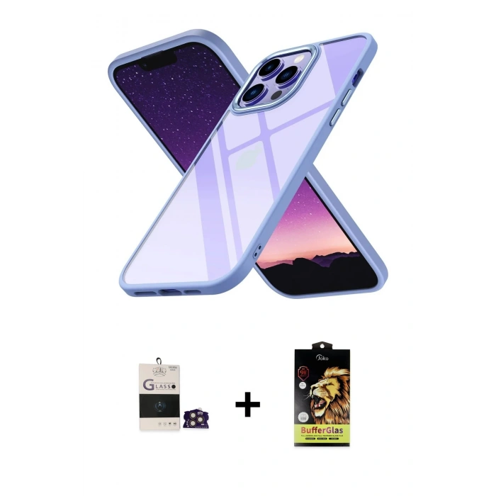 MARSİLYAN™- iPhone 14 Pro Max Kılıf Nova Işık Serisi - Siyah Buffer Cam Ekran Koruyucu + Bilvis Titan Kamera Lens - GD