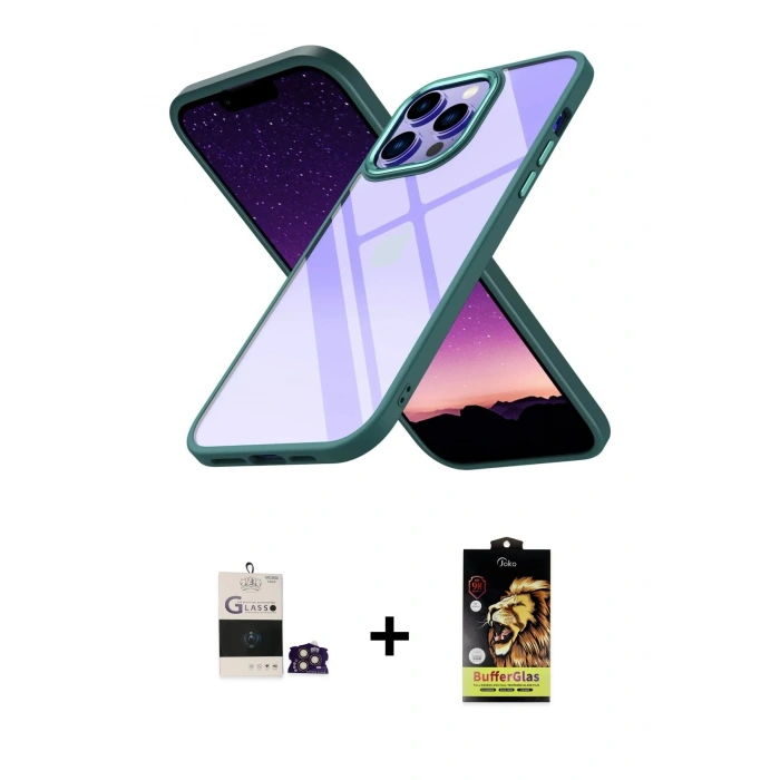 MARSİLYAN™- iPhone 14 Pro Max Kılıf Nova Işık Serisi - Siyah Buffer Cam Ekran Koruyucu + Bilvis Titan Kamera Lens - GD